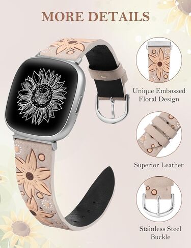 Minyee Leather Band Compatible with Fitbit Versa 4/Versa 3/Fitbit Sense 2/Sense Band Women, Boho Western Embossed Sunflower Floral Designer Cute Fancy Slim Thin Leather Strap for Versa 4 Smartwatch in Kuwait