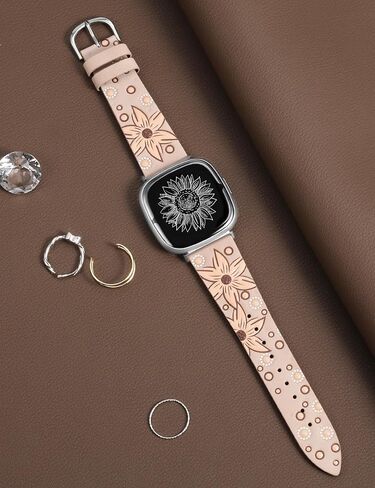 Minyee Leather Band Compatible with Fitbit Versa 4/Versa 3/Fitbit Sense 2/Sense Band Women, Boho Western Embossed Sunflower Floral Designer Cute Fancy Slim Thin Leather Strap for Versa 4 Smartwatch in Saudi Arabia