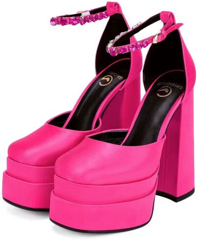 Women's Chunky Block Heels Platform Shoes Closed Toe Thick Heel Pumps of Ankle Strip with Rhinestone for Women Silk Satin Sandals in Saudi Arabia