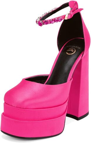 Women's Chunky Block Heels Platform Shoes Closed Toe Thick Heel Pumps of Ankle Strip with Rhinestone for Women Silk Satin Sandals in Saudi Arabia