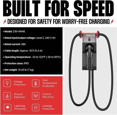 شاحن Zeus Level 2 EV - معدات شحن المركبات الكهربائية المتوافقة مع جميع موديلات EV - شاحن سريع J1772 EVSE المستوى 2 48 أمبير - شاحن منزلي سلكي 240 فولت EV - مقاوم للماء والغبار IP65 in Saudi Arabia