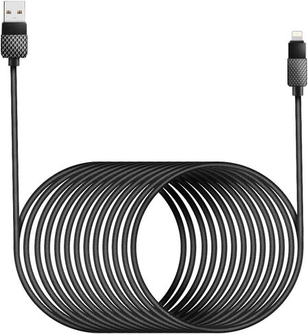 سلك شاحن iPhone طويل جدًا 16 قدمًا، كابل شاحن iPhone طويل جدًا 5M/16 قدم، سلك شحن سريع 2.4A كابل لايتنينج مضفر من النايلون لهاتف Apple iPhone 14/13/11/8/7//6/وسادة - أسود in Kuwait