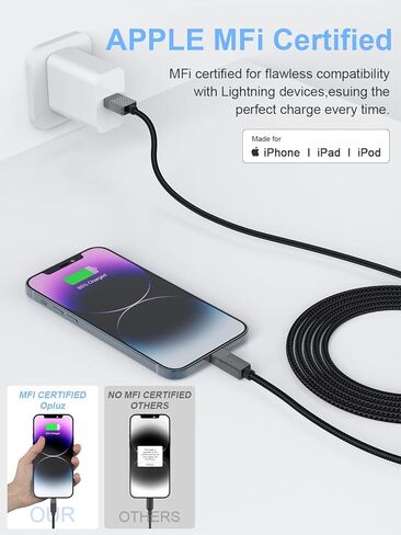 سلك شاحن iPhone طويل جدًا 16 قدمًا، كابل شاحن iPhone طويل جدًا 5M/16 قدم، سلك شحن سريع 2.4A كابل لايتنينج مضفر من النايلون لهاتف Apple iPhone 14/13/11/8/7//6/وسادة - أسود in Kuwait