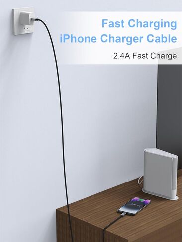 سلك شاحن iPhone طويل جدًا 16 قدمًا، كابل شاحن iPhone طويل جدًا 5M/16 قدم، سلك شحن سريع 2.4A كابل لايتنينج مضفر من النايلون لهاتف Apple iPhone 14/13/11/8/7//6/وسادة - أسود in Kuwait
