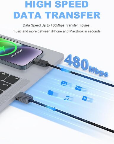 سلك شاحن iPhone طويل جدًا 16 قدمًا، كابل شاحن iPhone طويل جدًا 5M/16 قدم، سلك شحن سريع 2.4A كابل لايتنينج مضفر من النايلون لهاتف Apple iPhone 14/13/11/8/7//6/وسادة - أسود in Kuwait