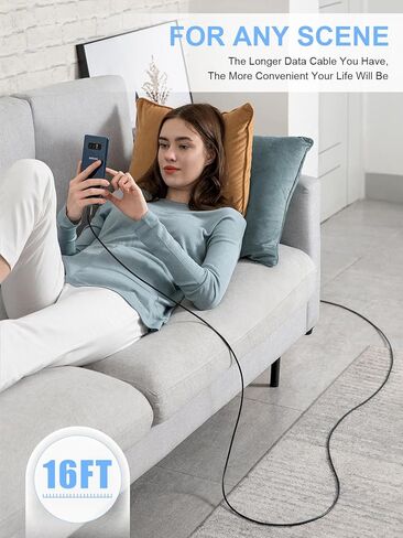 سلك شاحن iPhone طويل جدًا 16 قدمًا، كابل شاحن iPhone طويل جدًا 5M/16 قدم، سلك شحن سريع 2.4A كابل لايتنينج مضفر من النايلون لهاتف Apple iPhone 14/13/11/8/7//6/وسادة - أسود in Kuwait