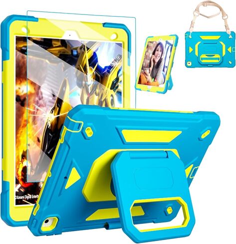for iPad 9th/ 8th/ 7th Generation Case 10.2'',with Tempered Glass Screen Protector, Rugged Protective Case with Folding Stand/Pencil Holder/Shoulder Strap for iPad 10.2 9/8/7 Case (Blue+Yellow) in Kuwait