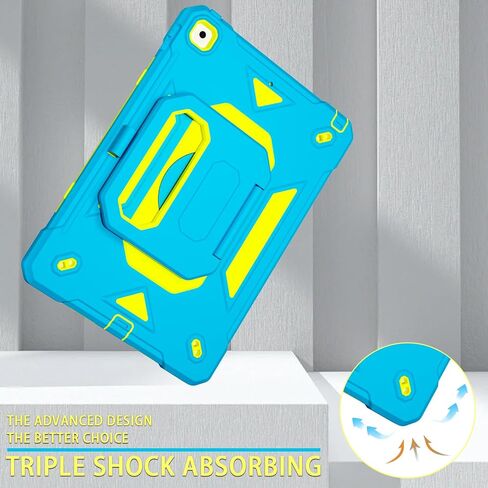 for iPad 9th/ 8th/ 7th Generation Case 10.2'',with Tempered Glass Screen Protector, Rugged Protective Case with Folding Stand/Pencil Holder/Shoulder Strap for iPad 10.2 9/8/7 Case (Blue+Yellow) in Kuwait