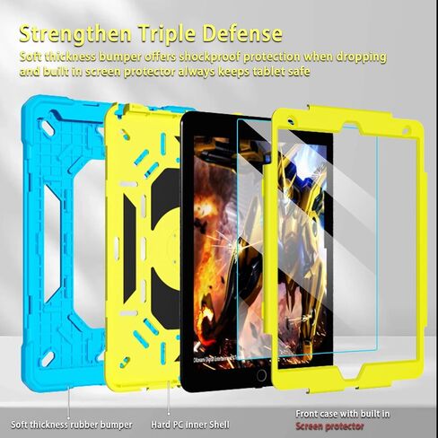 for iPad 9th/ 8th/ 7th Generation Case 10.2'',with Tempered Glass Screen Protector, Rugged Protective Case with Folding Stand/Pencil Holder/Shoulder Strap for iPad 10.2 9/8/7 Case (Blue+Yellow) in Kuwait