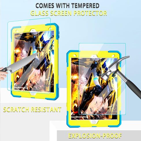 for iPad 9th/ 8th/ 7th Generation Case 10.2'',with Tempered Glass Screen Protector, Rugged Protective Case with Folding Stand/Pencil Holder/Shoulder Strap for iPad 10.2 9/8/7 Case (Blue+Yellow) in Kuwait