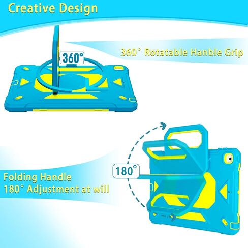 for iPad 9th/ 8th/ 7th Generation Case 10.2'',with Tempered Glass Screen Protector, Rugged Protective Case with Folding Stand/Pencil Holder/Shoulder Strap for iPad 10.2 9/8/7 Case (Blue+Yellow) in Kuwait