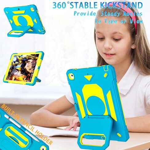 for iPad 9th/ 8th/ 7th Generation Case 10.2'',with Tempered Glass Screen Protector, Rugged Protective Case with Folding Stand/Pencil Holder/Shoulder Strap for iPad 10.2 9/8/7 Case (Blue+Yellow) in Kuwait
