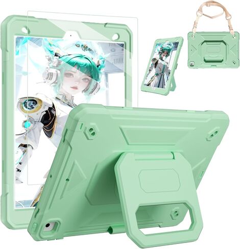 for iPad 9th/ 8th/ 7th Generation Case 10.2'',with Tempered Glass Screen Protector, Rugged Protective Case with Folding Stand/Pencil Holder/Shoulder Strap for iPad 10.2 9/8/7 Case (Blue+Yellow) in Kuwait