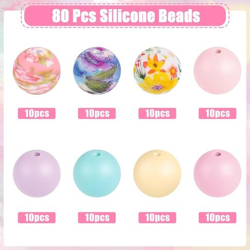 80 Pcs 15mm Silicone Beads, 8 Colors Pink Silicone Beads for Keychain Making Bulk Silicone Beads 15mm for Bracelet Necklace Pen in Kuwait