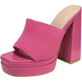 Women's Stretch Knitted Platform Chunky Heels Sexy Sandals Fashion Square Open Toe Block High Heeled Slip-On Y2K Slippers Summer Comfortable Slip On Party Dress Pump Mules Shoes