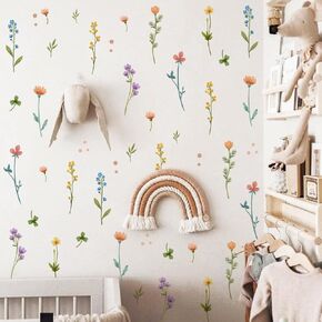 Boho Watercolor Flower Wall Stickers，Colorful Wildflower Wall Decals，Coquette Flower Wall Decoration，Vinyl Flower Wall Decals，Peel and Stick Flower Wall Decor.