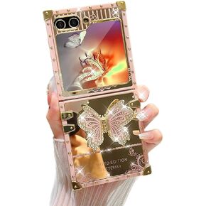 حافظة AuroiCYY لهاتف Samsung Galaxy Z Flip 6 مع مسند، لامعة قابلة للطي على شكل فراشة لامعة ومرآة خلفية مطلية بالذهب ومضادة للصدمات، غطاء ناعم أنيق وجذاب للنساء لهاتف Z flip 6 (وردي) in Kuwait