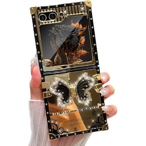 AuroiCYY for Samsung Galaxy Z Flip 6 Case with Kickstand, Glitter Foldable Bling Butterfly Stand Mirror Back Gold Plated Shockproof Protective Elegant Cute Woman Girly Soft Cover for Z flip 6 (Pink)