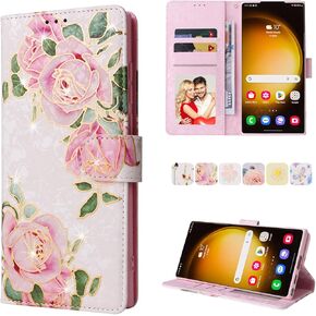 UEEBAI Wallet Case for Samsung Galaxy S25 Plus 5G, PU Leather Phone Case Kickstand RFID Blocking Flip Case Card Slots Wrist Strap Relief Engraved Pattern Magnetic Closure Flower Folio Case, Vine