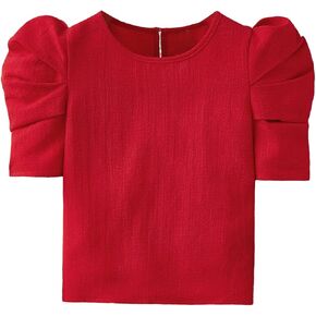 Milumia Girl's Casual Ruched Puff Short Sleeve Crew Neck Blouse Keyhole Shirts Tops Green 9 Years