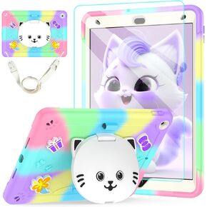 for iPad 9th/8th/7th Generation Case 10.2" with Screen Protector,Cute Cat Stand,Penci Holder Shoulder Strap,Shockproof Protective Case for iPad 10.2 inch 2021/2020/2019 Kids Girls (Colourful)