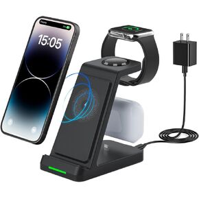 3 in 1 Charging Station Wireless Charger for iPhone 15 14 13 12 11 X, Apple Watch, Charging Dock for AirPods by Lightning (QC3.0 Adapter Included, Black)