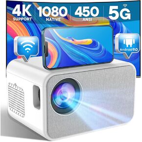 جهاز عرض أصلي 1080 بكسل، جهاز عرض صغير يدعم 450 ANSI Lumen 4K، تصحيح الانحراف 4P/4D، نظام تشغيل Android 9.0 مع متجر تطبيقات مدمج، تسجيل شاشة لاسلكي 5G WiFi لهاتف iPhone in Kuwait