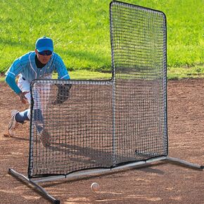 L Shaped Baseball Net, Portable L Screen Baseball Pitching Net for Batting Cage, Baseball and Softball Pitcher L Safety Screen, Protective Pitching Screen Training 7x7ft with Wheels in Kuwait