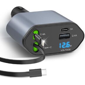 4 in 1 Retractable Car Charger, Fast Charging for Multiple Devices, Compatible with iPhone and Android, with Advanced Safety Features and Real-Time Voltage Monitoring,1-Pack