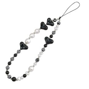 Black Heart Phone Charm Beaded Phone Lanyard Wrist Strap for Women Girls Phone Charm with Pearls Beaded Phone Chain Pearl Phone Charms Strap