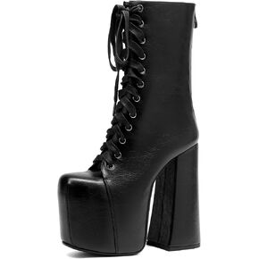 Tsrenlmln Women's waterproof platform with flat bottom, small and medium-sized leg boots, square toe tie, 4-inch thick heel