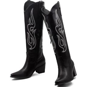 Wide Calf Cowgirl Boots For Women Knee High Cowboy Boots Pointed Toe Chunky Heel Boot Ladies Western Boots With Classic Embroidery and Side Zipper Classic Retro Country Boots For Lady Size 6-11