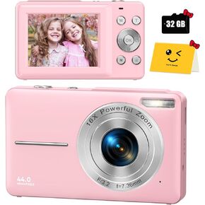كاميرا رقمية، كاميرا رقمية FHD 1080P للأطفال مع بطاقة SD سعة 32 جيجابايت وكاميرا مدمجة للنقطة والتقاط 16X تكبير ومضادة للاهتزاز وكاميرات محمولة وكاميرا صغيرة للمراهقين والأولاد والبنات وكبار السن مع بطاقة أطيب التمنيات