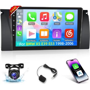 راديو سيارة 2+64 جيجا لسيارة BMW X5 E39 E53 1998-2006 - Carplay لاسلكي وAndroid Auto - 9 بوصة Android 13 ستيريو مع WiFi/EQ/GPS + كاميرا رؤية خلفية AHD