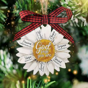 Talataca White Daisy Christian Jesus God Say You are Strong Chosen 2D Flat Car Rear View Mirror Accessories Christmas Tree Ornament Decoration Hanging Charm Interior Rearview Pendant Decor Gift