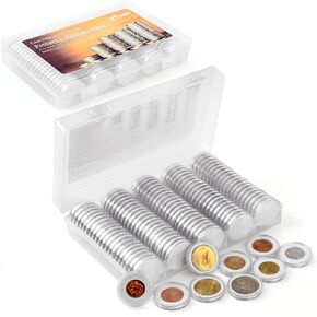32 Pieces 46mm Coin Capsules and 7 Sizes (17/20/25/30/32/40/46mm) Protect Gasket Coin Holder Case with Plastic Storage Organizer Box for Coin Collection Supplies