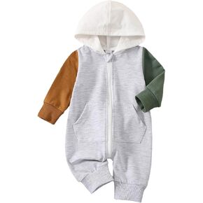 Infant Baby Boy Girl Long Sleeve Hooded Jumpsuit Patchwork Color Block Zipper Romper Front Pocket Fall Winter Clothes