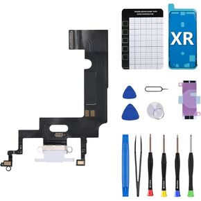for iPhone XR Charging Port Replacement OEM Headphone Audio Jack Flex Cable USB Charge Dock Connector Assembly Microphone Antanna Repair Tool Kit Magnetic Pad White A1984 A2105 A2106 A2108