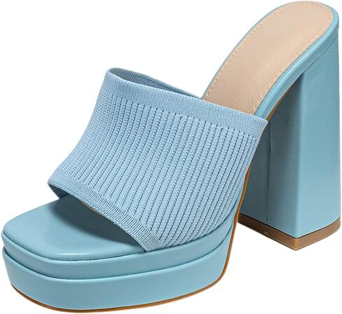 Women's Stretch Knitted Platform Chunky Heels Sexy Sandals Fashion Square Open Toe Block High Heeled Slip-On Y2K Slippers Summer Comfortable Slip On Party Dress Pump Mules Shoes in Kuwait