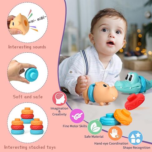 Baby Montessori Toy for Toddler Gifts - Stacking Blocks, Soft Teething Toy, Sorting Animals, Squeeze Sensory Toys, Infant Bath Toys, Toddler Counting Shape Blocks for Boys Girls 6 Months and Up in Kuwait
