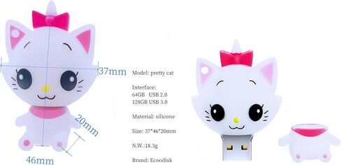 128GB USB 3.0 Flash Drive Cartoon Novelty Cute Cat Memory Stick Silicone Rubber Ainmal Pendrive White, 128GB-whitecat3.0 in Kuwait
