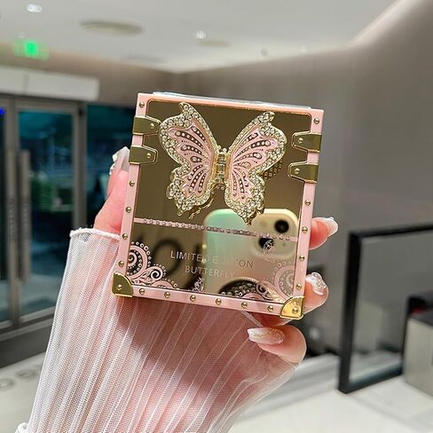 AuroiCYY for Samsung Galaxy Z Flip 6 Case with Kickstand, Glitter Foldable Bling Butterfly Stand Mirror Back Gold Plated Shockproof Protective Elegant Cute Woman Girly Soft Cover for Z flip 6 (Pink) in Saudi Arabia