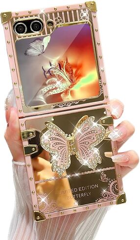 AuroiCYY for Samsung Galaxy Z Flip 6 Case with Kickstand, Glitter Foldable Bling Butterfly Stand Mirror Back Gold Plated Shockproof Protective Elegant Cute Woman Girly Soft Cover for Z flip 6 (Pink) in Saudi Arabia