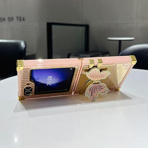 AuroiCYY for Samsung Galaxy Z Flip 6 Case with Kickstand, Glitter Foldable Bling Butterfly Stand Mirror Back Gold Plated Shockproof Protective Elegant Cute Woman Girly Soft Cover for Z flip 6 (Pink) in Saudi Arabia