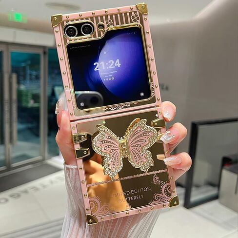 AuroiCYY for Samsung Galaxy Z Flip 6 Case with Kickstand, Glitter Foldable Bling Butterfly Stand Mirror Back Gold Plated Shockproof Protective Elegant Cute Woman Girly Soft Cover for Z flip 6 (Pink) in Saudi Arabia