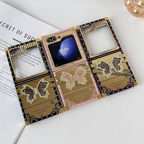 AuroiCYY for Samsung Galaxy Z Flip 6 Case with Kickstand, Glitter Foldable Bling Butterfly Stand Mirror Back Gold Plated Shockproof Protective Elegant Cute Woman Girly Soft Cover for Z flip 6 (Pink) in Saudi Arabia