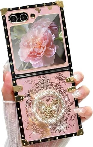 AuroiCYY for Samsung Galaxy Z Flip 6 Case with Kickstand, Glitter Foldable Bling Butterfly Stand Mirror Back Gold Plated Shockproof Protective Elegant Cute Woman Girly Soft Cover for Z flip 6 (Pink) in Saudi Arabia
