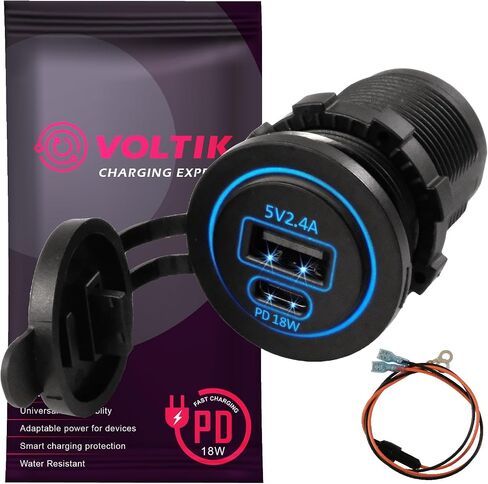 VOLTIK USB-C Charger Socket, 12V-24V Power Outlet with 18W PD Port LED Light Water-Resistant Fast USB Type C Adapter for RV, Car, Boat, Marine, Scooter, Motorcycle in Saudi Arabia