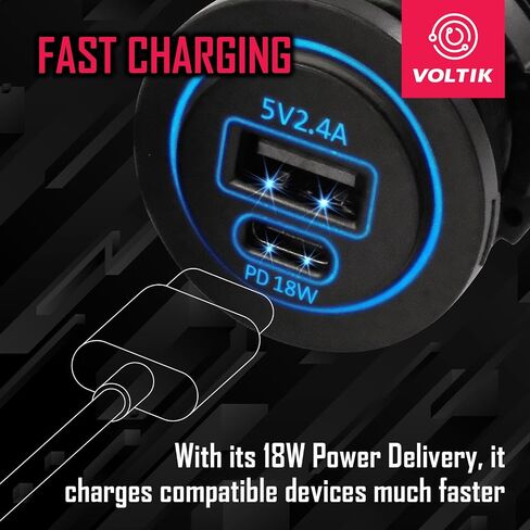 VOLTIK USB-C Charger Socket, 12V-24V Power Outlet with 18W PD Port LED Light Water-Resistant Fast USB Type C Adapter for RV, Car, Boat, Marine, Scooter, Motorcycle in Saudi Arabia
