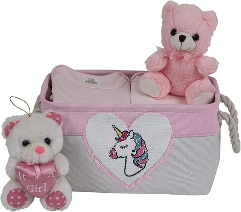 Storage Basket for Nursery Organizer, Baby Girl Canvas Fabric Bin, Storage Box with Reversible Sequence Heart Patch. Great Baby Shower Basket Gift in Saudi Arabia